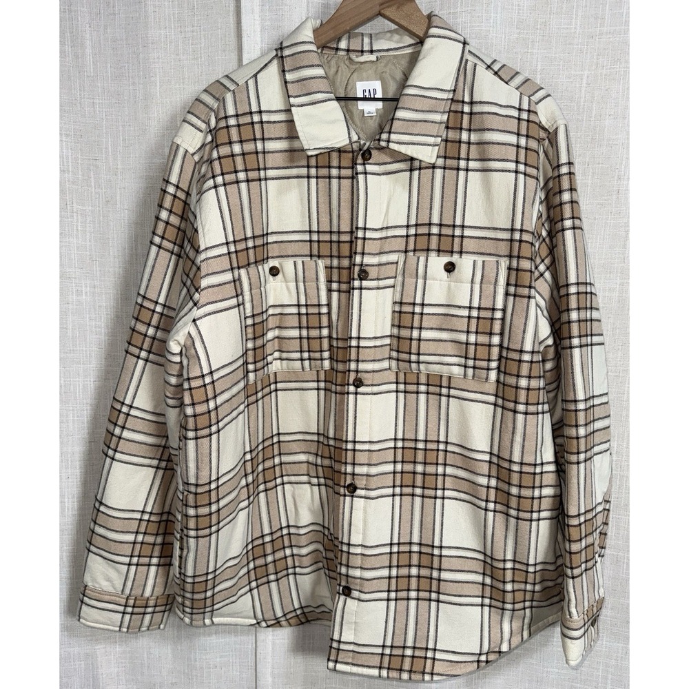 GAP Women's Size‎ XL Plaid Tan Twill Shirt Jacket Shacket Quilted Oversized